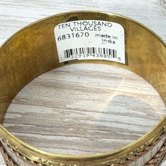 Artisan Chunky Wide Gold Silver Brass Textured Stripes Leaf Bangle Bracelet - Picture 13 of 16